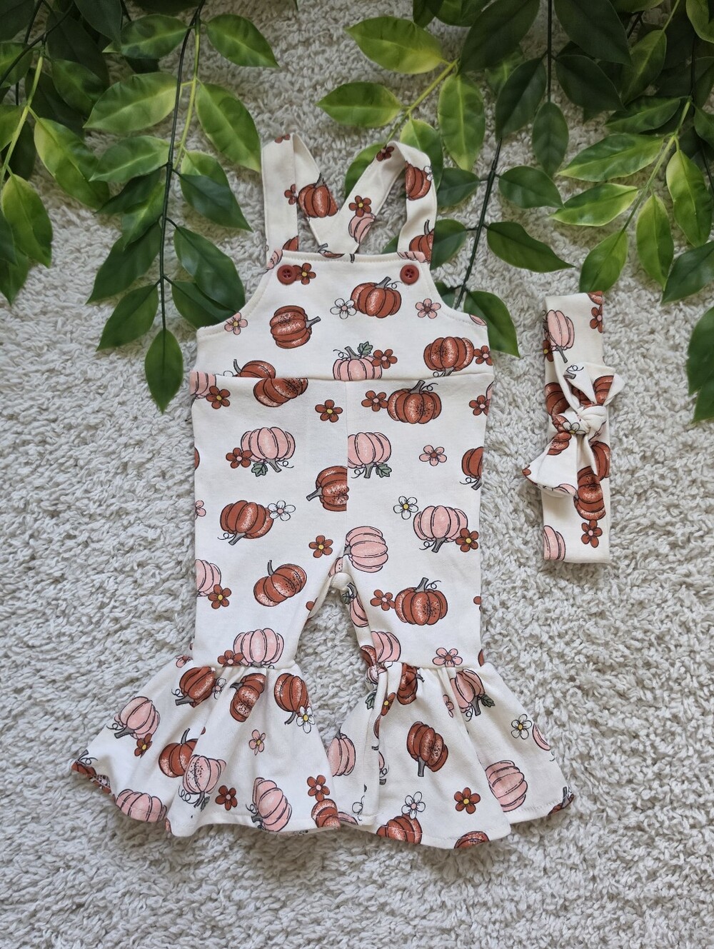 Baby Girl Pumpkin Ruffle Overalls + Headband (0-3 Months)